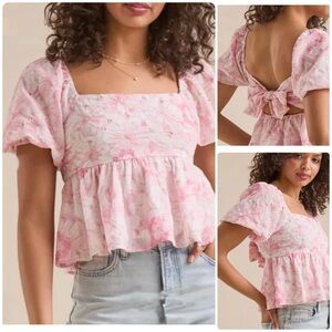 Altar'd State Hailey Baby Doll Top Pink Tie Back Floral Eyelet Large Coquette